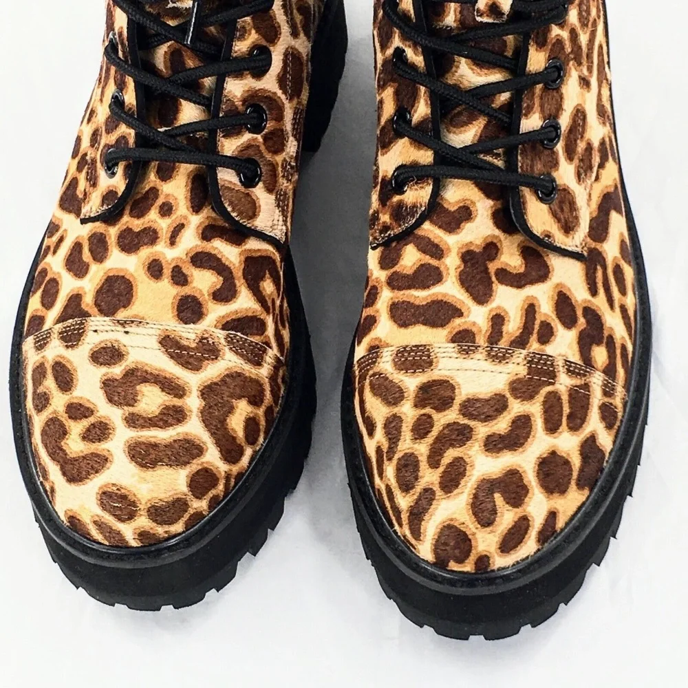 Farylrobin Womens Combat Boot Brown Calf Hair Leopard Print Platform Boot Sz 10 - Picture 3 of 11